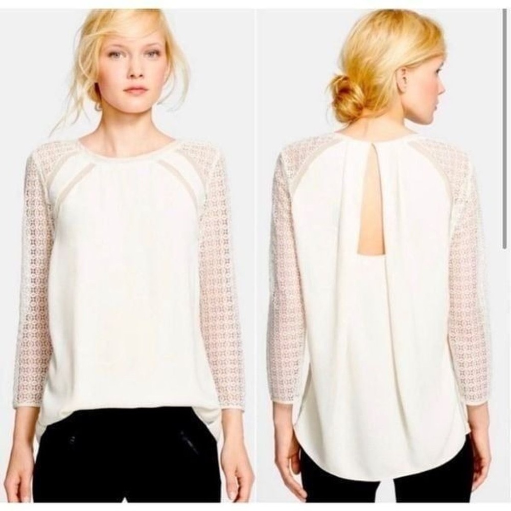 Rebecca Taylor Lace Sleeve Draped Back Blouse Size 2 Silk and Lace Blend Ivory